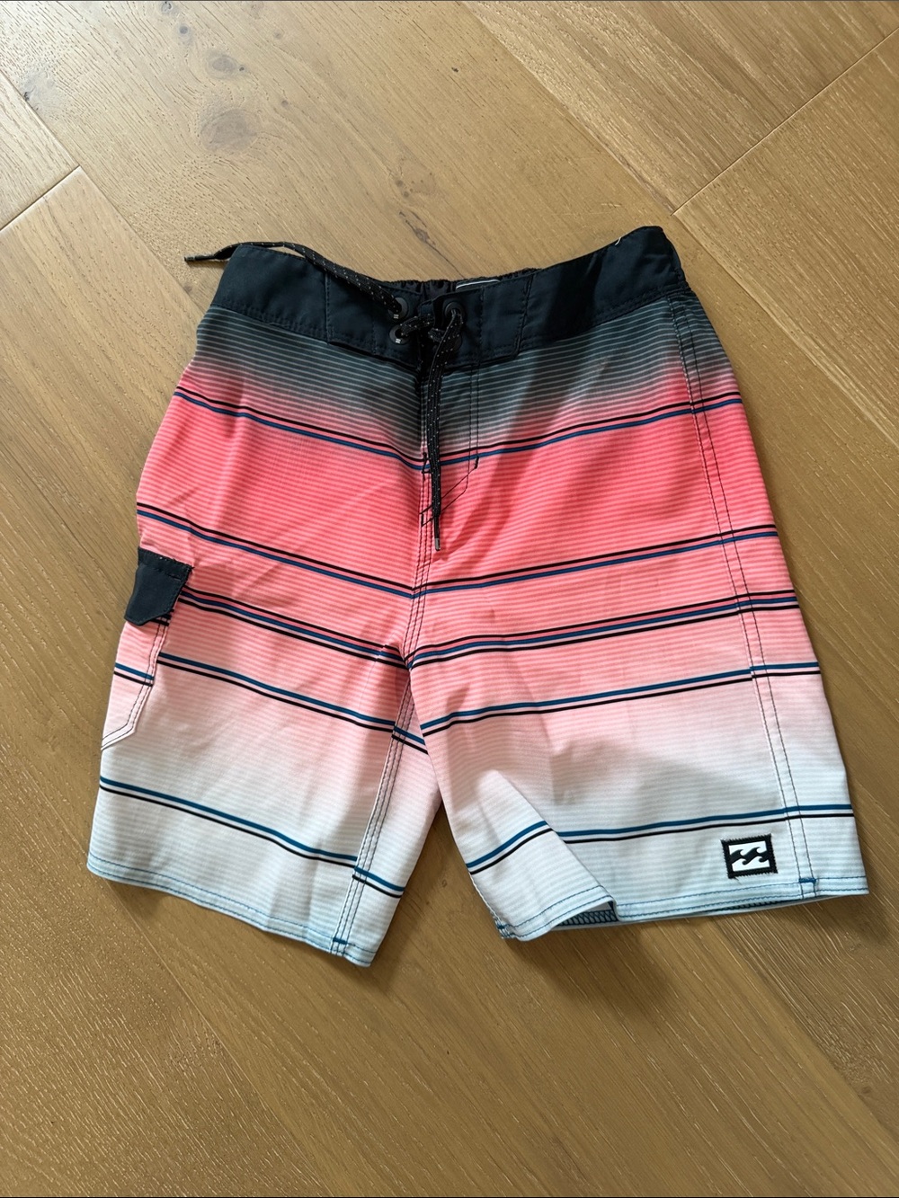 Billabong Kids Gradient Pink to White Stripe Swim Trunks with Black Waist